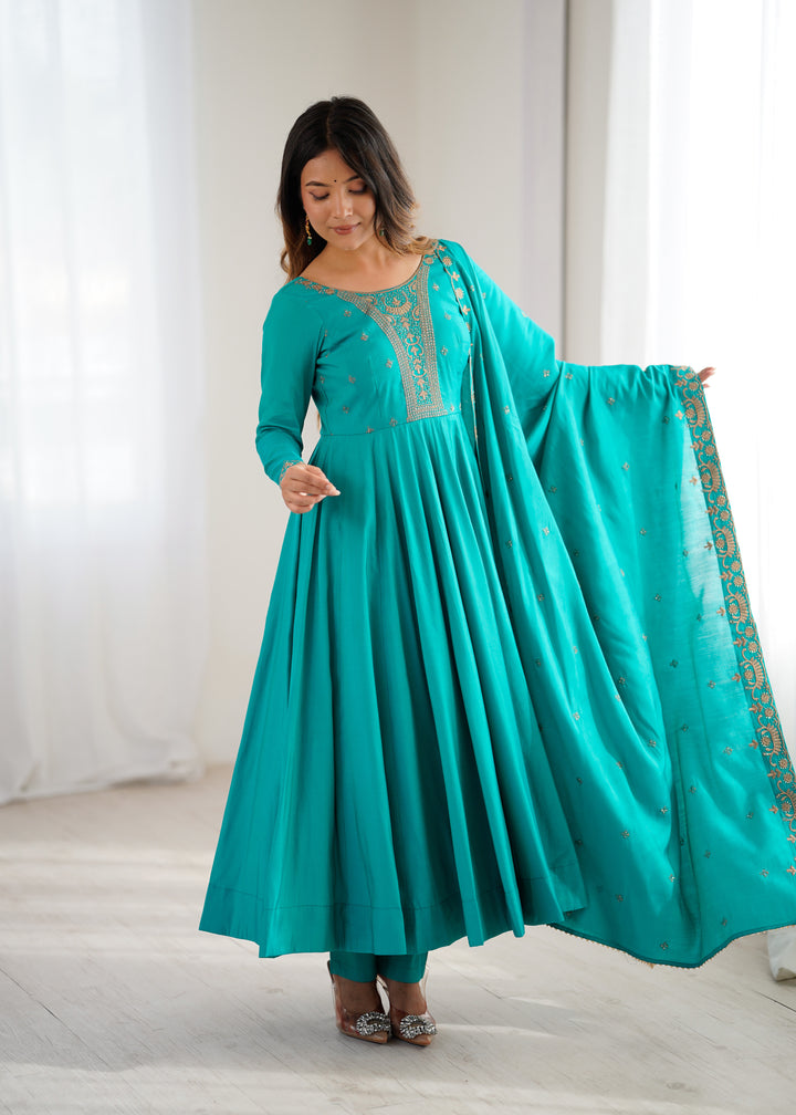 PRESENTING NEW HIGH PREMIUM QUALITY PURE ROMAN CHANDERI SILK FABRIC FULLY FLARE ANARKALI, WITH DUPATTA SET, PENT READY TO WEAR