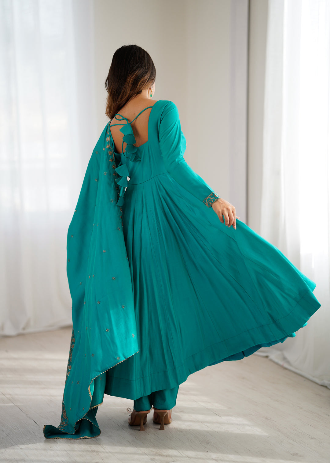 PRESENTING NEW HIGH PREMIUM QUALITY PURE ROMAN CHANDERI SILK FABRIC FULLY FLARE ANARKALI, WITH DUPATTA SET, PENT READY TO WEAR