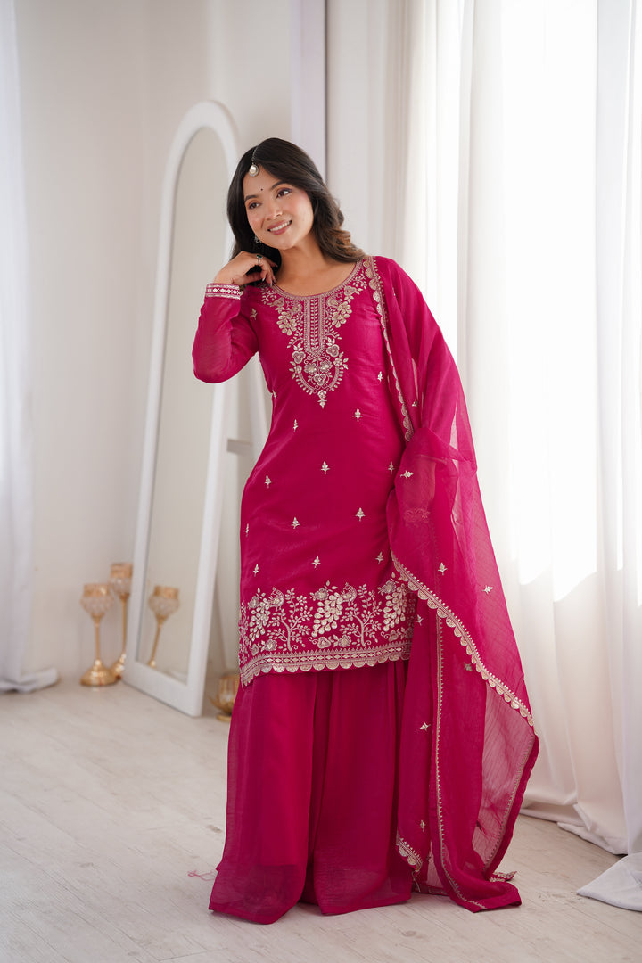 PURE SOFT CRUNCHY SILK FABRIC TOP, SHARARA WITH DUPATTA SET READY TO WEAR