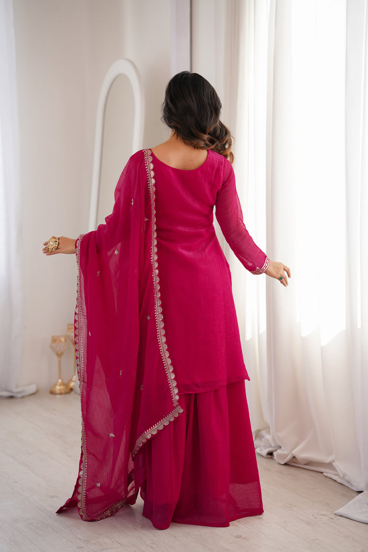 PURE SOFT CRUNCHY SILK FABRIC TOP, SHARARA WITH DUPATTA SET READY TO WEAR