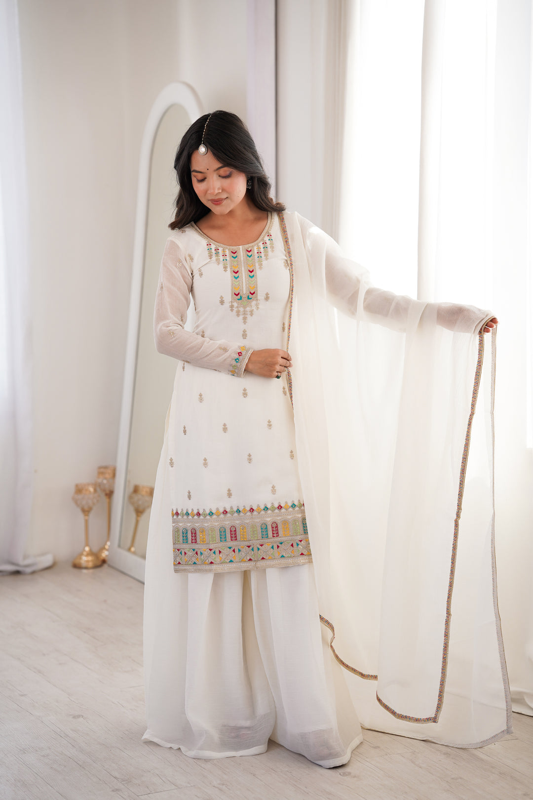PURE SOFT CRUNCHY SILK FABRIC TOP, SHARARA WITH DUPATTA SET READY TO WEAR