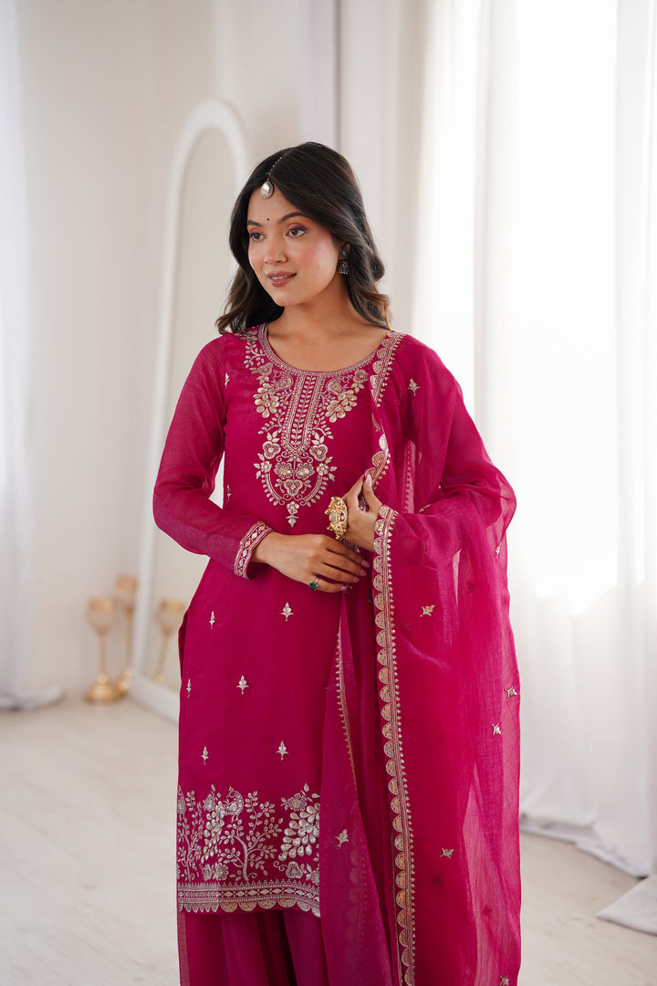 PURE SOFT CRUNCHY SILK FABRIC TOP, SHARARA WITH DUPATTA SET READY TO WEAR