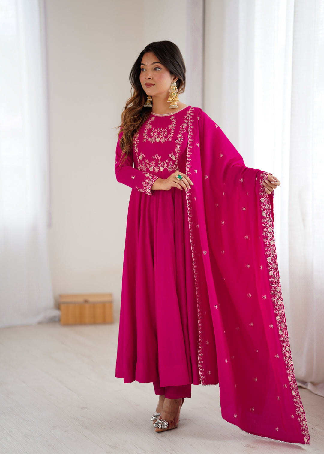 PRESENTING NEW HIGH PREMIUM QUALITY PURE ROMAN CHANDERI SILK FABRIC FULLY FLARE ANARKALI, WITH DUPATTA SET, PENT READY TO WEAR