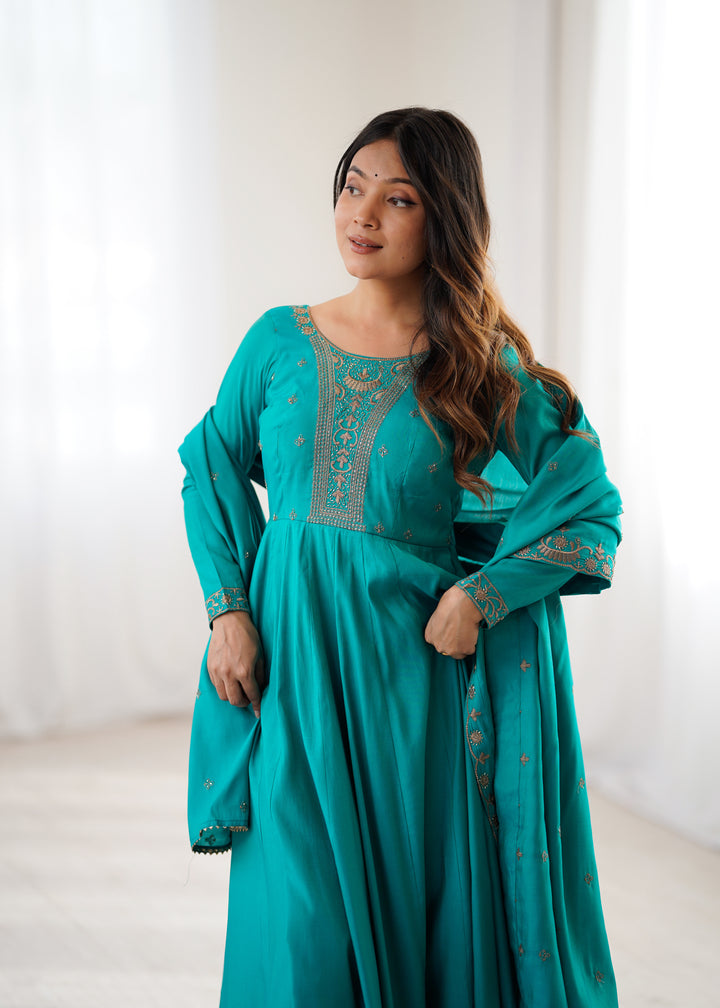 PRESENTING NEW HIGH PREMIUM QUALITY PURE ROMAN CHANDERI SILK FABRIC FULLY FLARE ANARKALI, WITH DUPATTA SET, PENT READY TO WEAR