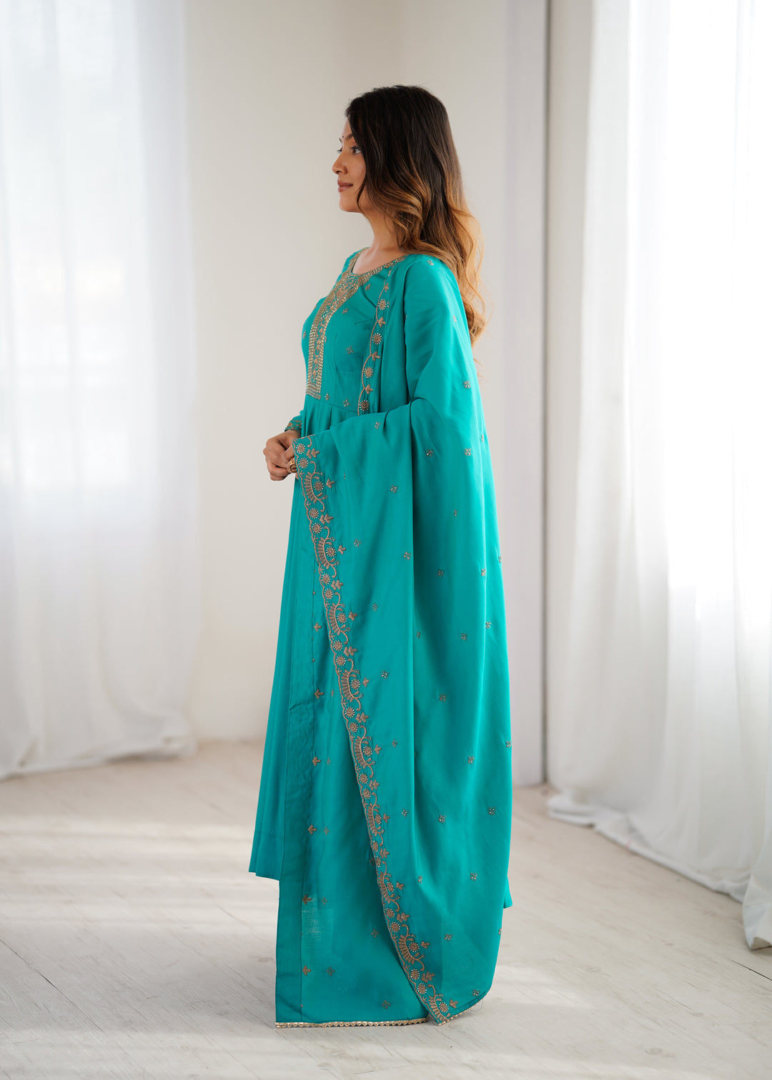 PRESENTING NEW HIGH PREMIUM QUALITY PURE ROMAN CHANDERI SILK FABRIC FULLY FLARE ANARKALI, WITH DUPATTA SET, PENT READY TO WEAR