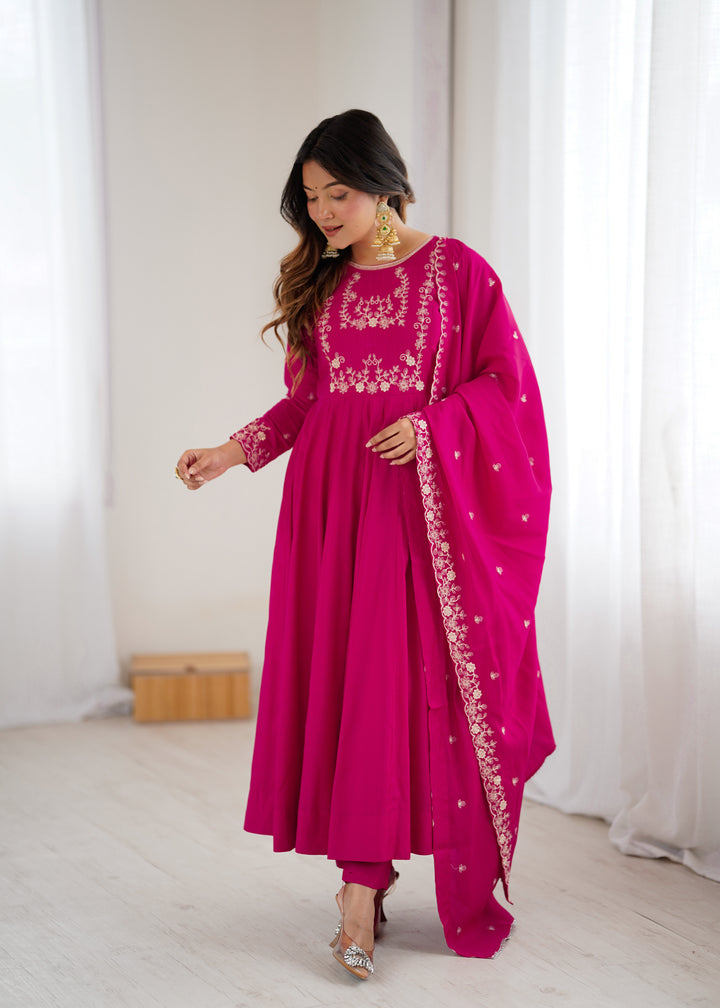 PRESENTING NEW HIGH PREMIUM QUALITY PURE ROMAN CHANDERI SILK FABRIC FULLY FLARE ANARKALI, WITH DUPATTA SET, PENT READY TO WEAR