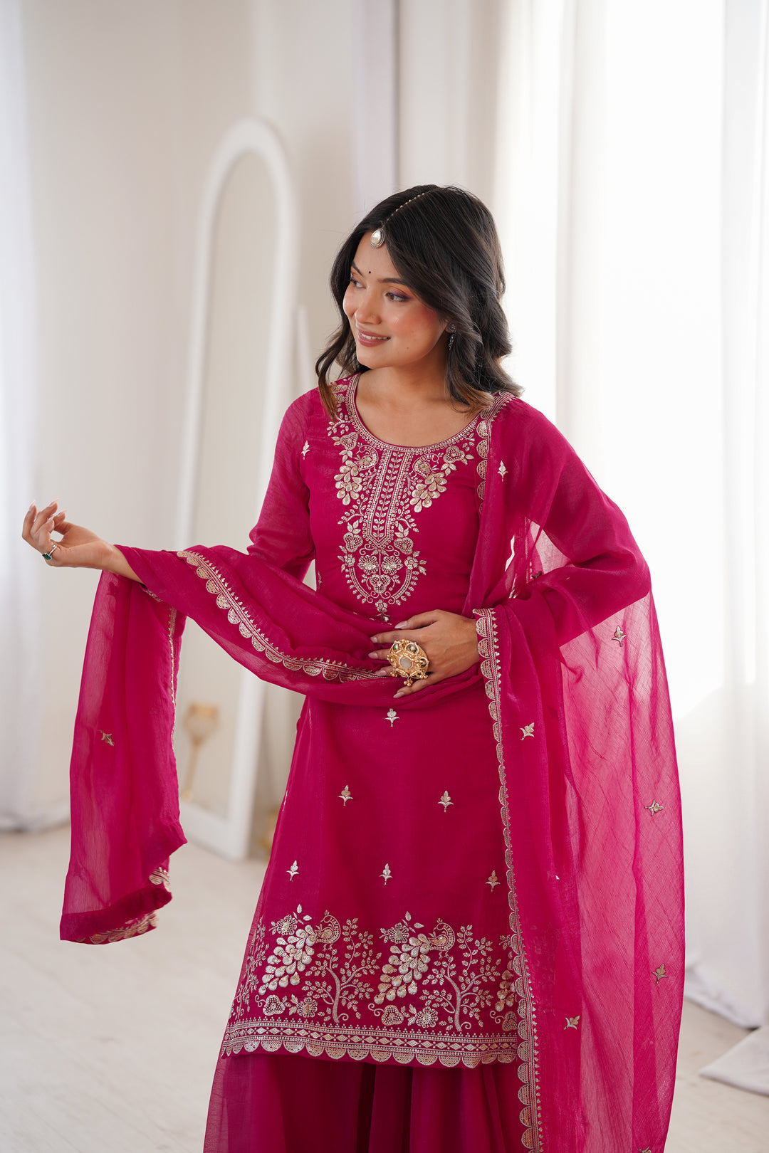 PURE SOFT CRUNCHY SILK FABRIC TOP, SHARARA WITH DUPATTA SET READY TO WEAR