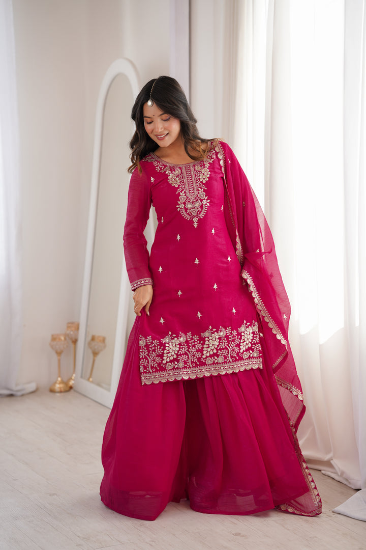 PURE SOFT CRUNCHY SILK FABRIC TOP, SHARARA WITH DUPATTA SET READY TO WEAR