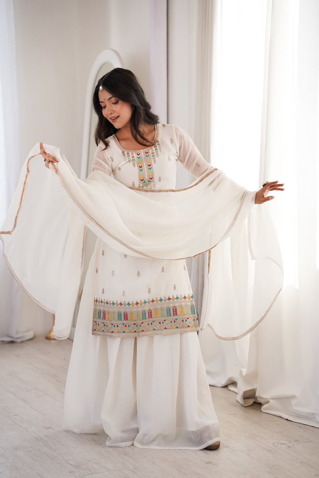 PURE SOFT CRUNCHY SILK FABRIC TOP, SHARARA WITH DUPATTA SET READY TO WEAR