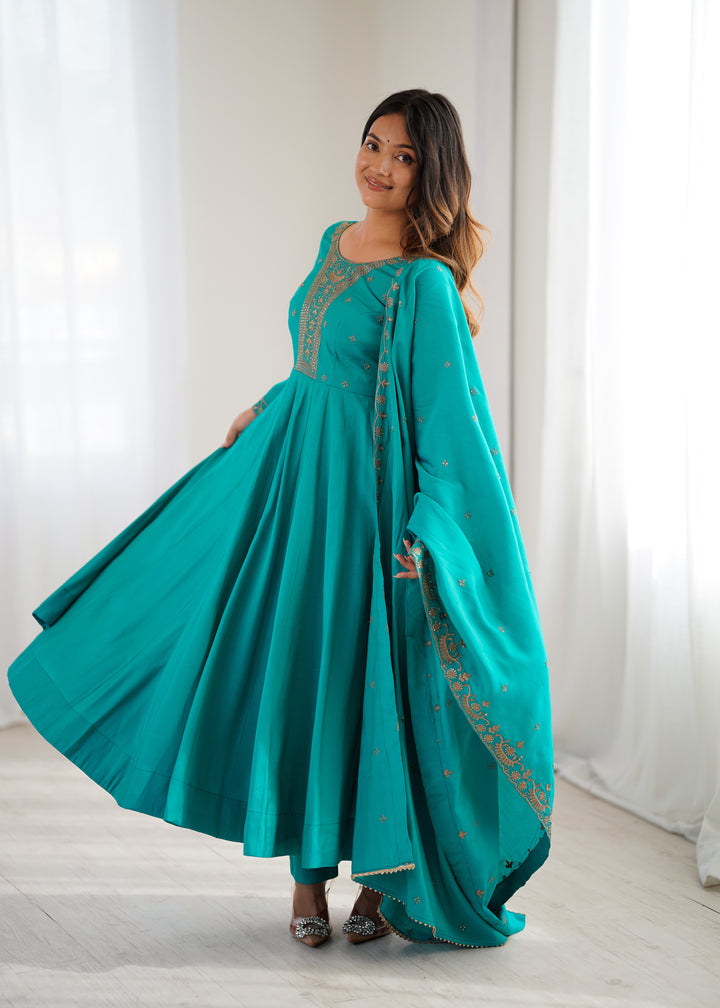 PRESENTING NEW HIGH PREMIUM QUALITY PURE ROMAN CHANDERI SILK FABRIC FULLY FLARE ANARKALI, WITH DUPATTA SET, PENT READY TO WEAR