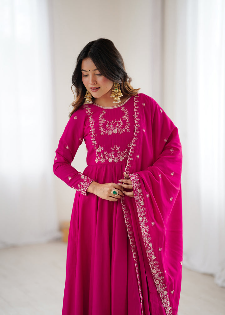 PRESENTING NEW HIGH PREMIUM QUALITY PURE ROMAN CHANDERI SILK FABRIC FULLY FLARE ANARKALI, WITH DUPATTA SET, PENT READY TO WEAR
