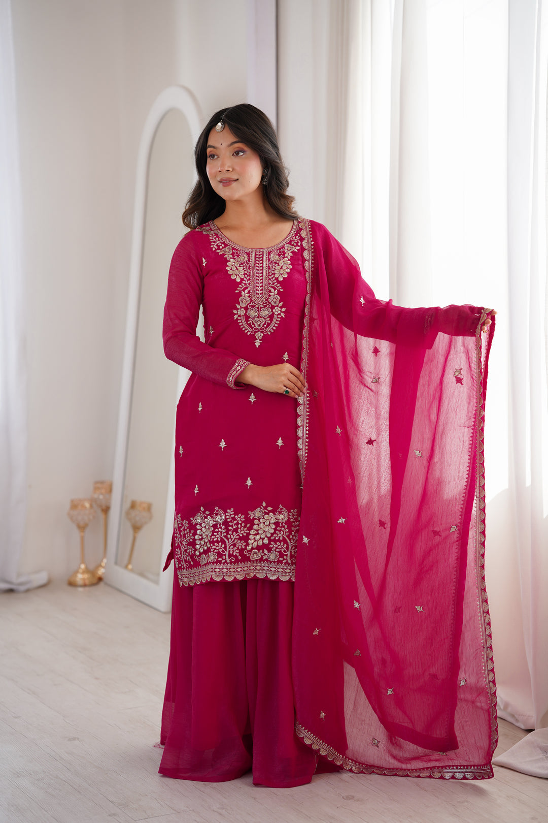 PURE SOFT CRUNCHY SILK FABRIC TOP, SHARARA WITH DUPATTA SET READY TO WEAR