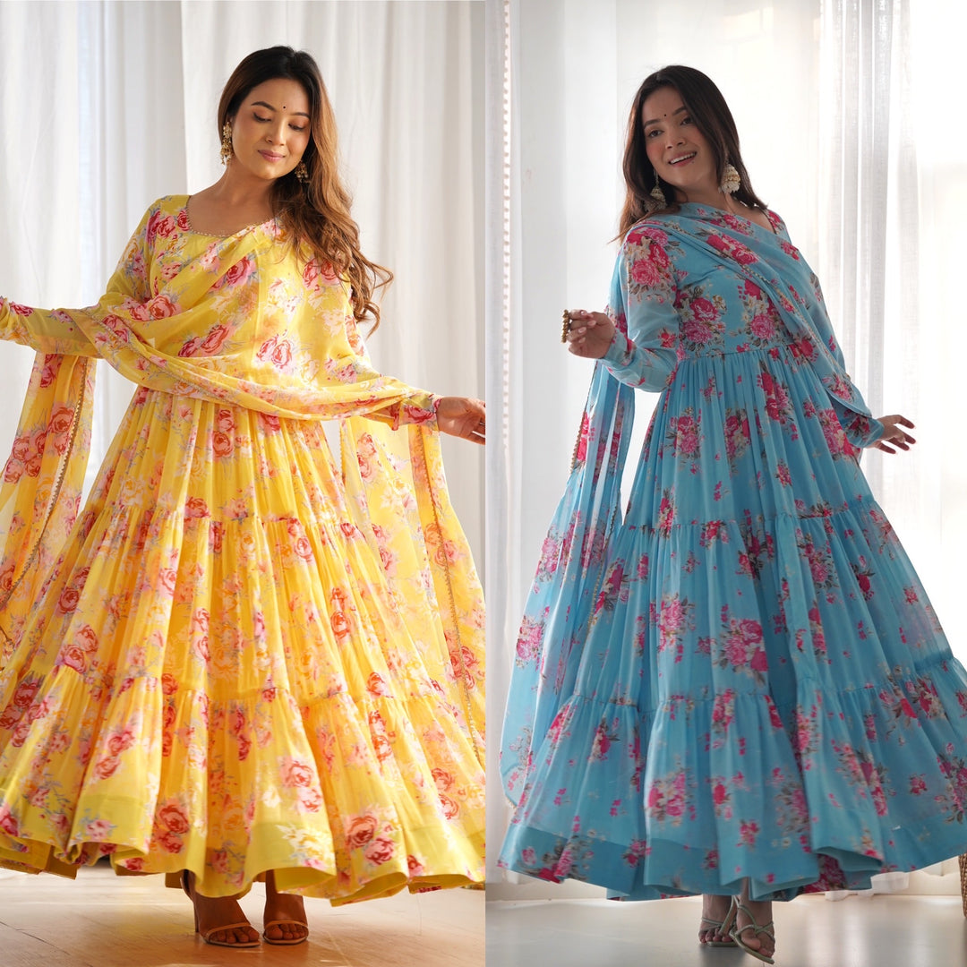 Pure Soft Fox Georgette Floral Print Anarkali with Dupatta & Pants