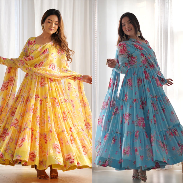 Pure Soft Fox Georgette Floral Print Anarkali with Dupatta & Pants