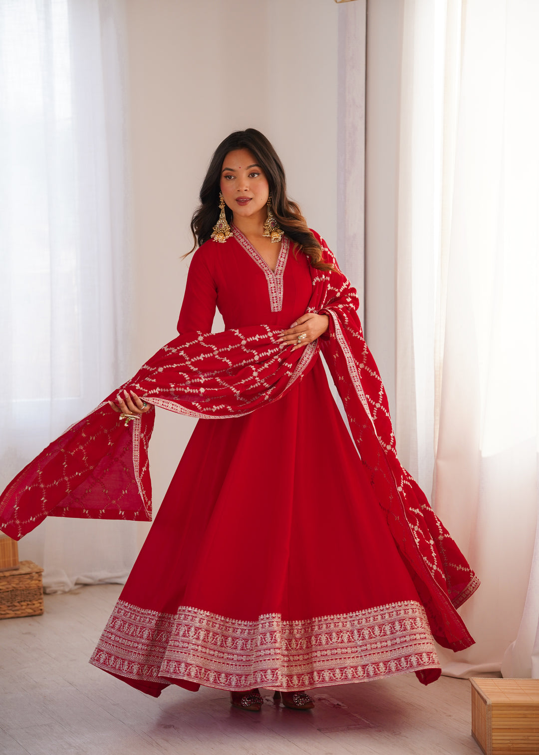 PRESENTING NEW HIGH END PREMIUM QUALITY PURE BLOOMING VICHITRA SILK FABRIC FULLY FLARE GOWN, WITH DUPATTA SET