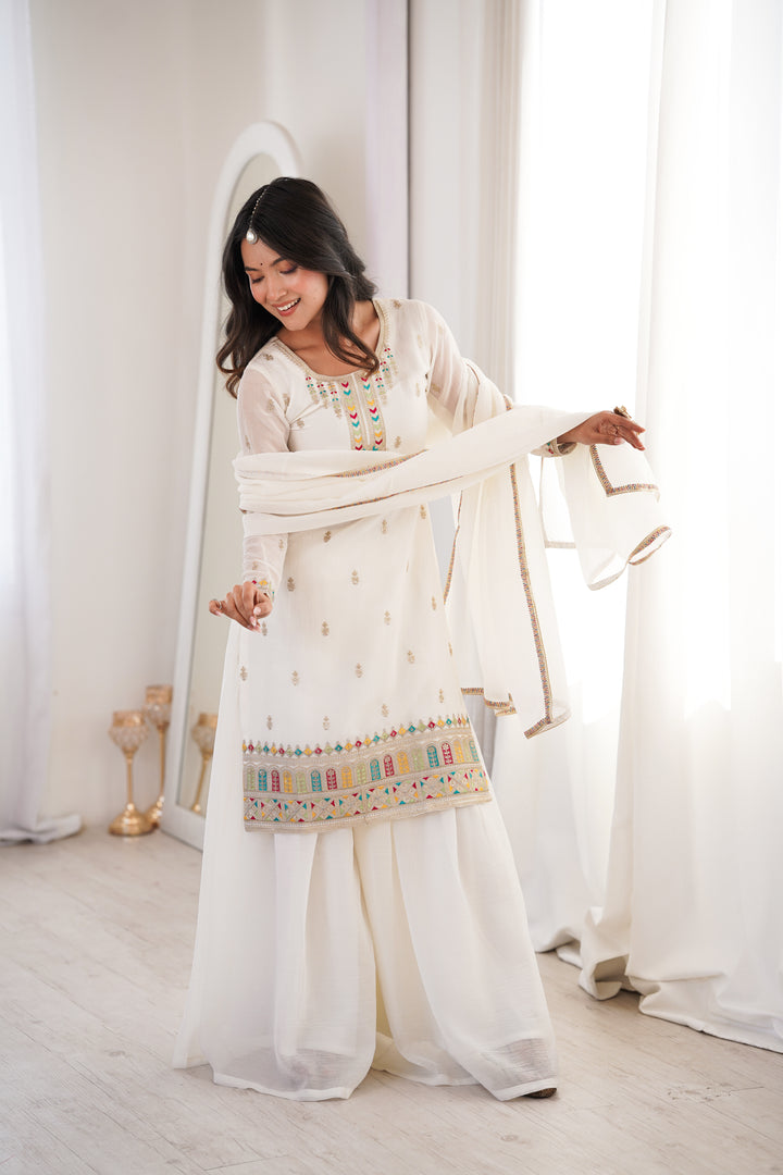 PURE SOFT CRUNCHY SILK FABRIC TOP, SHARARA WITH DUPATTA SET READY TO WEAR