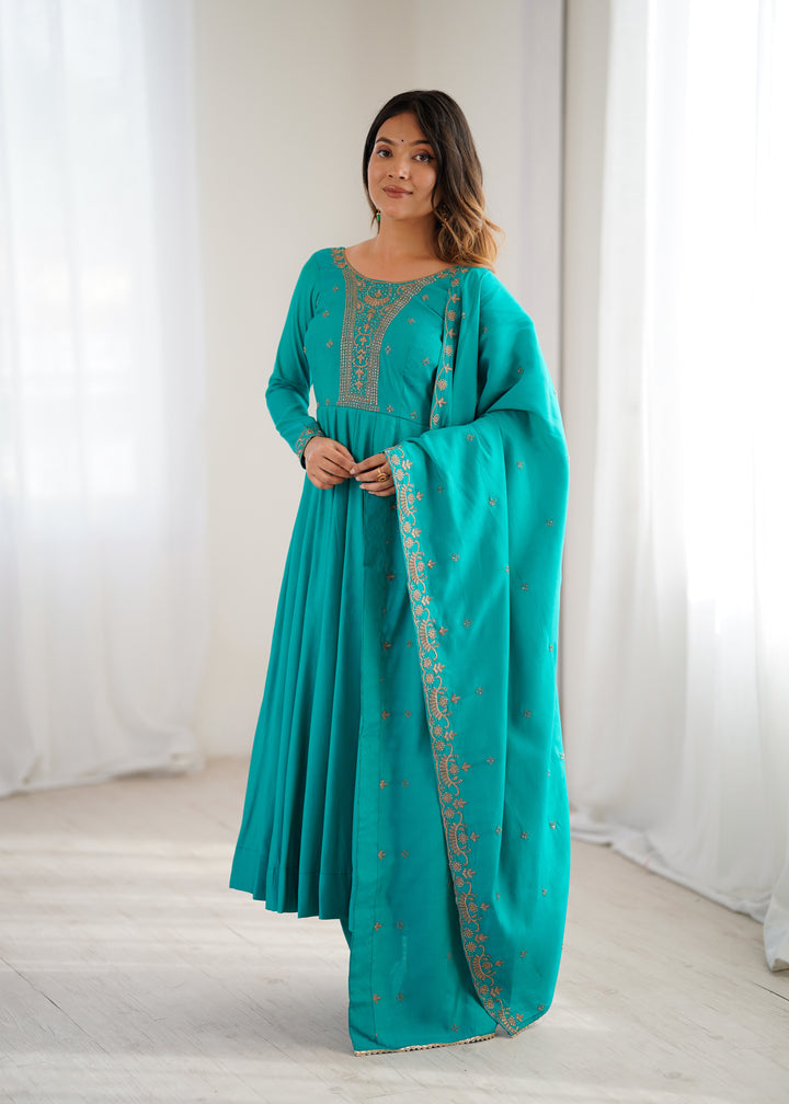 PRESENTING NEW HIGH PREMIUM QUALITY PURE ROMAN CHANDERI SILK FABRIC FULLY FLARE ANARKALI, WITH DUPATTA SET, PENT READY TO WEAR