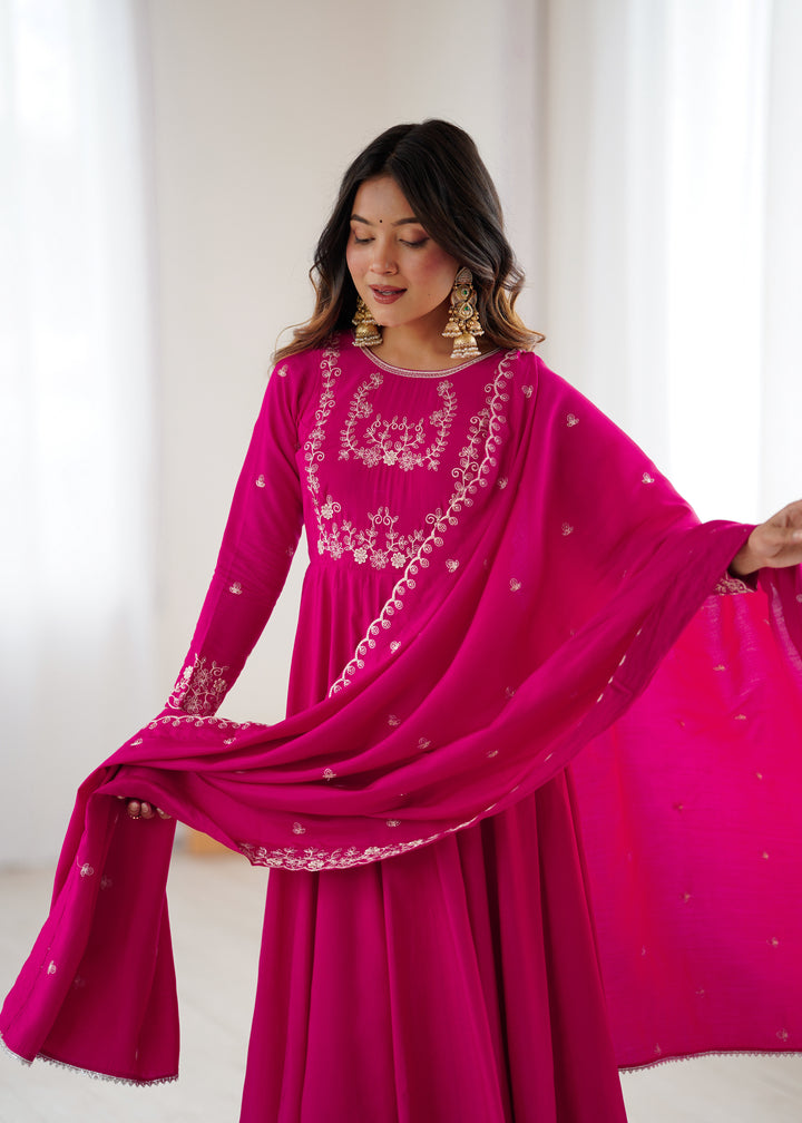 PRESENTING NEW HIGH PREMIUM QUALITY PURE ROMAN CHANDERI SILK FABRIC FULLY FLARE ANARKALI, WITH DUPATTA SET, PENT READY TO WEAR