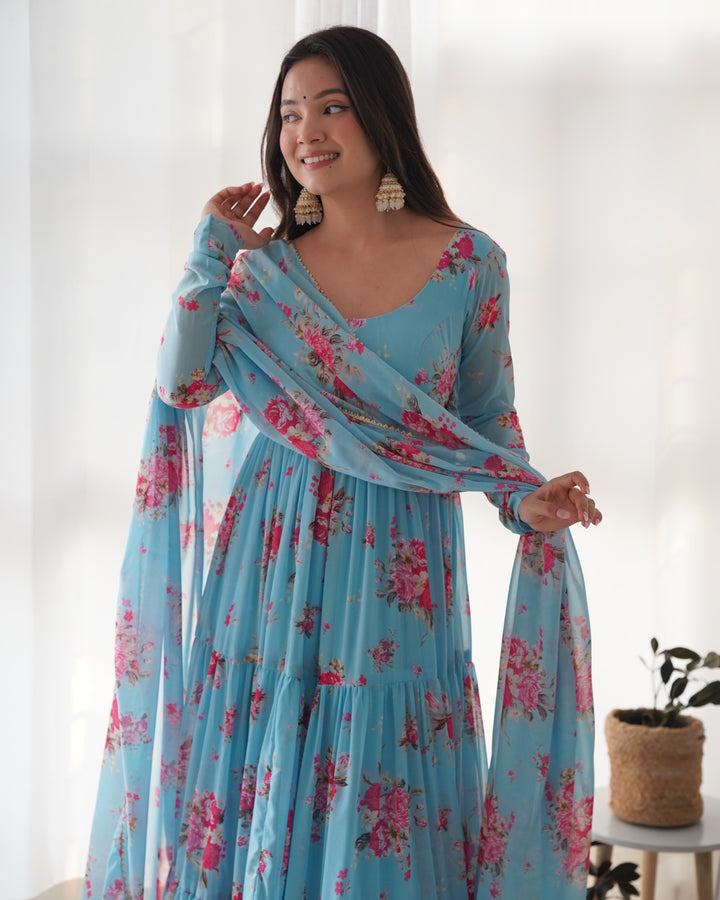 Pure Soft Fox Georgette Floral Print Anarkali with Dupatta & Pants