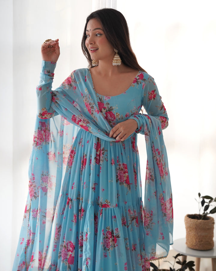 Pure Soft Fox Georgette Floral Print Anarkali with Dupatta & Pants