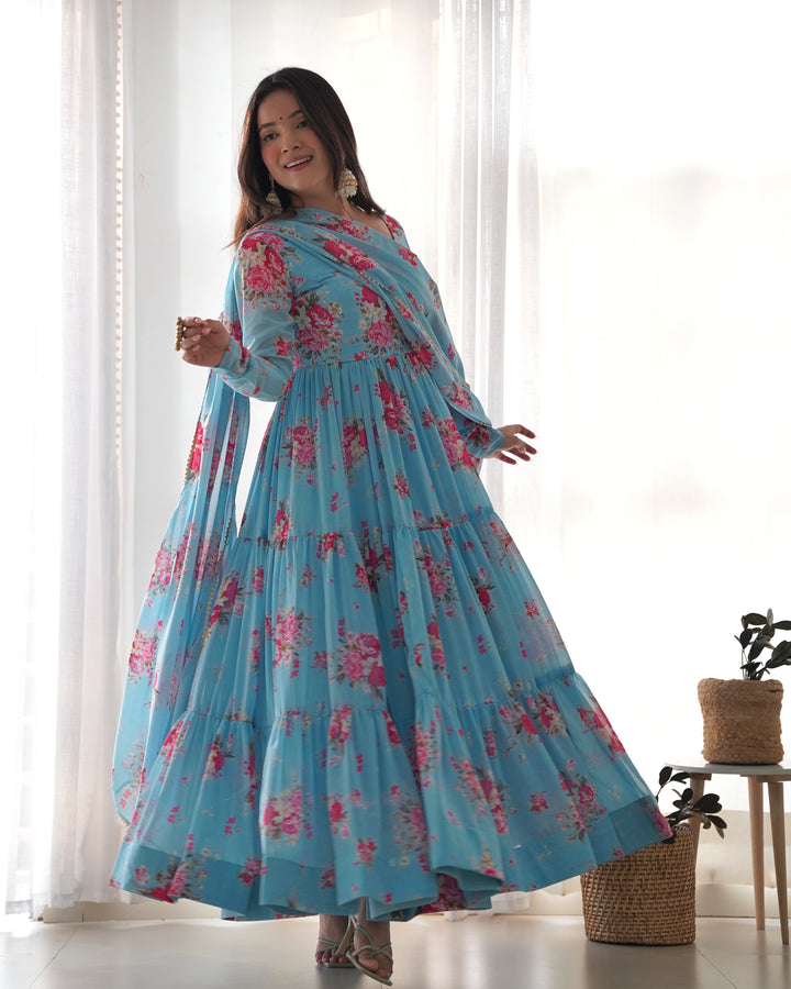 Pure Soft Fox Georgette Floral Print Anarkali with Dupatta & Pants