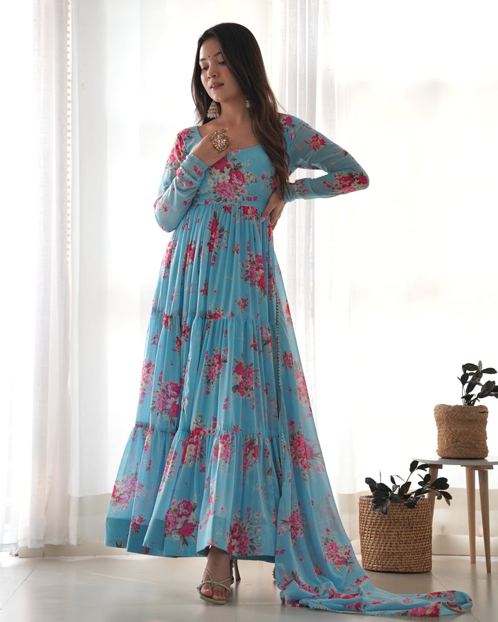 Pure Soft Fox Georgette Floral Print Anarkali with Dupatta & Pants