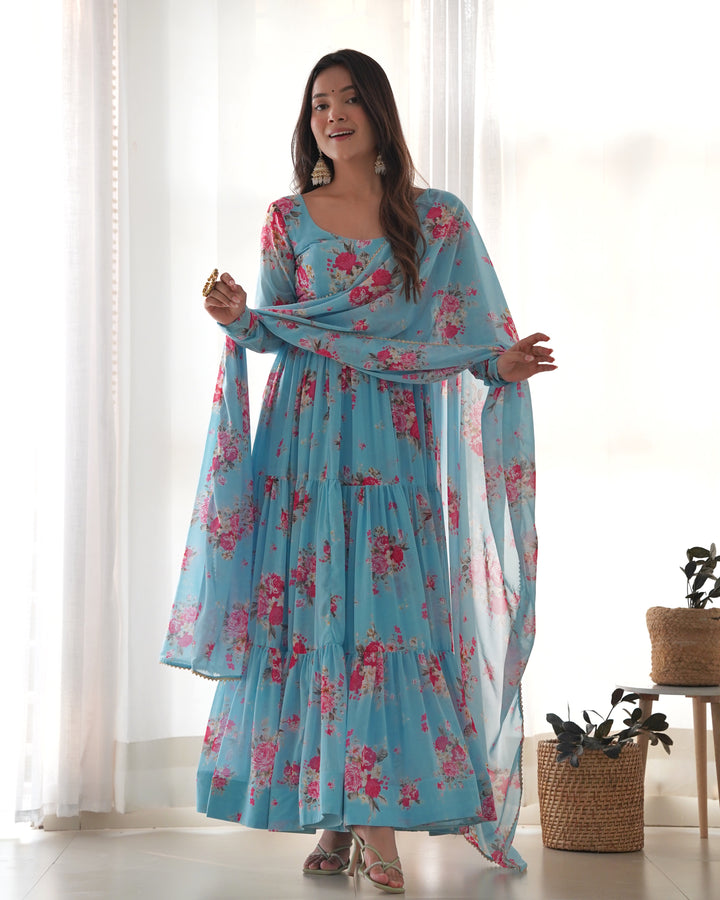 Pure Soft Fox Georgette Floral Print Anarkali with Dupatta & Pants