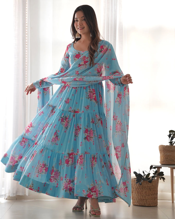 Pure Soft Fox Georgette Floral Print Anarkali with Dupatta & Pants
