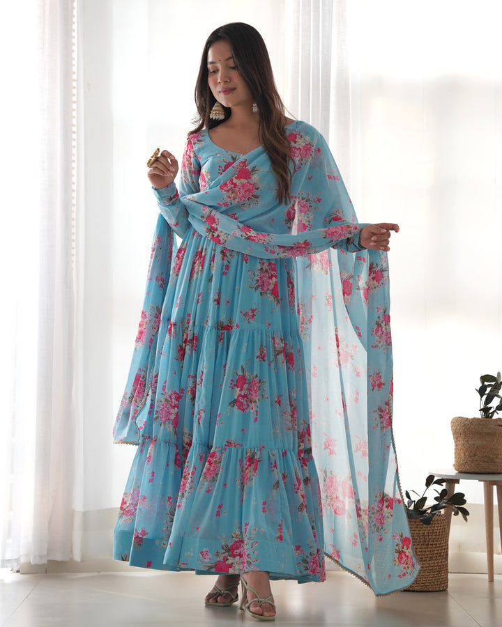 Pure Soft Fox Georgette Floral Print Anarkali with Dupatta & Pants