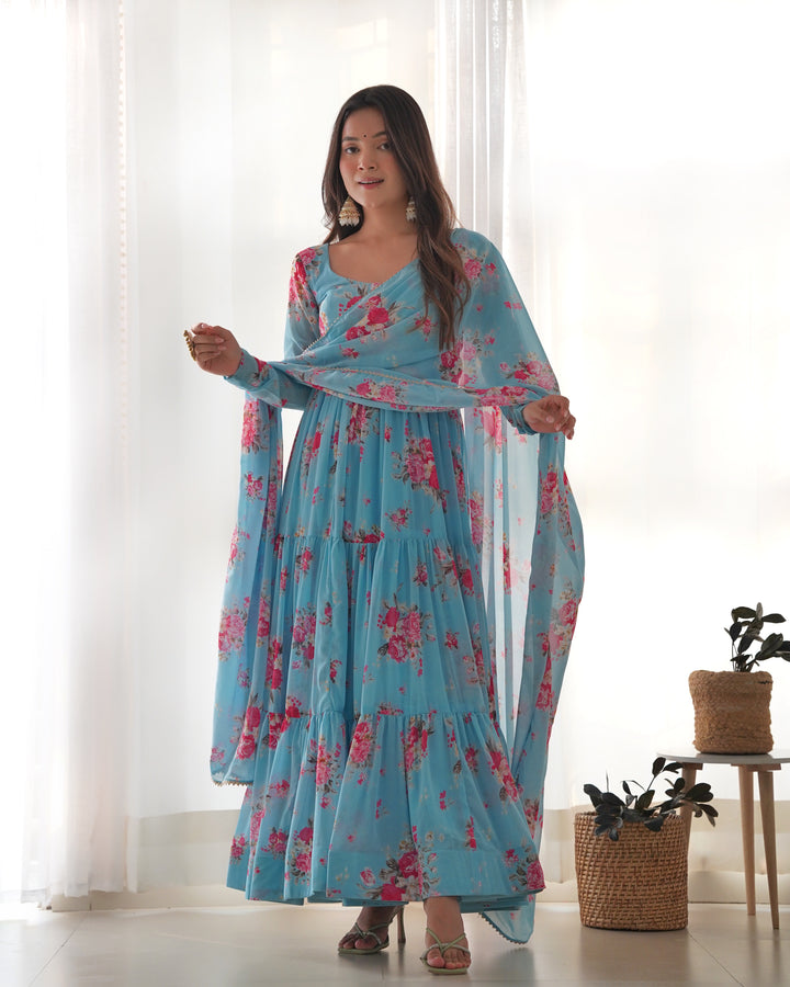 Pure Soft Fox Georgette Floral Print Anarkali with Dupatta & Pants