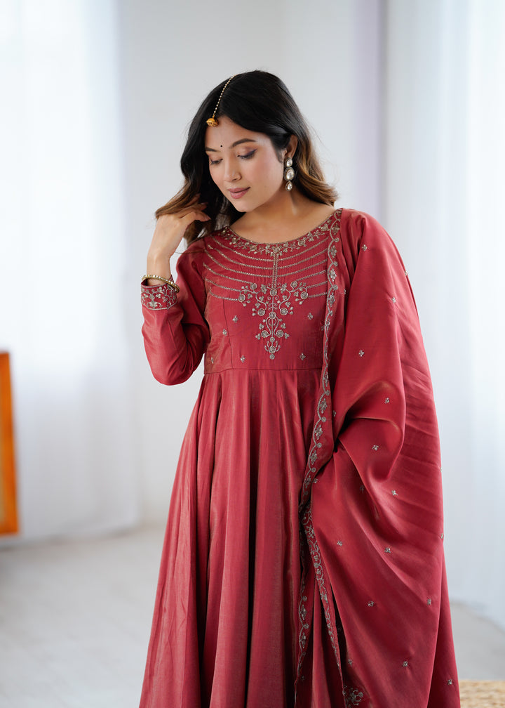 PURE SOFT ORGANJA SILK FABRIC FULLY FLAIR KALI PATTERN AND CANVAS PATTA WITH DUPPTA SET, PENT READY TO WEAR