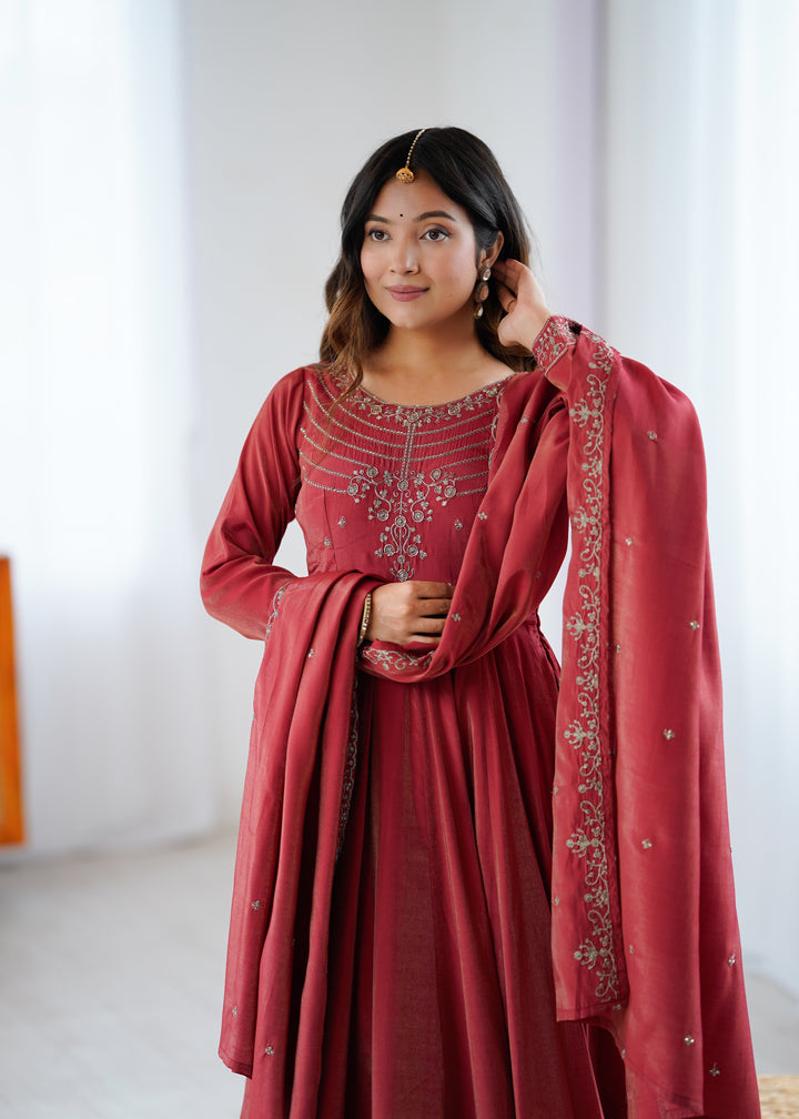 PURE SOFT ORGANJA SILK FABRIC FULLY FLAIR KALI PATTERN AND CANVAS PATTA WITH DUPPTA SET, PENT READY TO WEAR