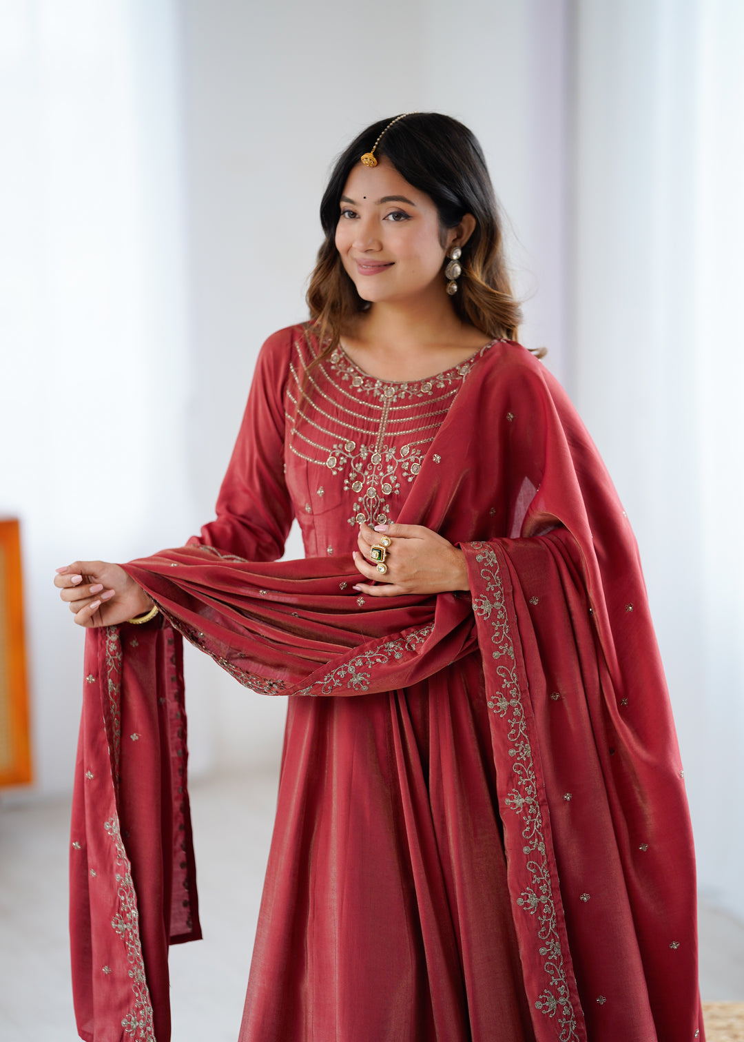PURE SOFT ORGANJA SILK FABRIC FULLY FLAIR KALI PATTERN AND CANVAS PATTA WITH DUPPTA SET, PENT READY TO WEAR
