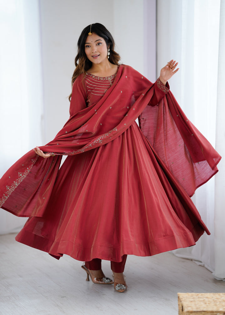 PURE SOFT ORGANJA SILK FABRIC FULLY FLAIR KALI PATTERN AND CANVAS PATTA WITH DUPPTA SET, PENT READY TO WEAR