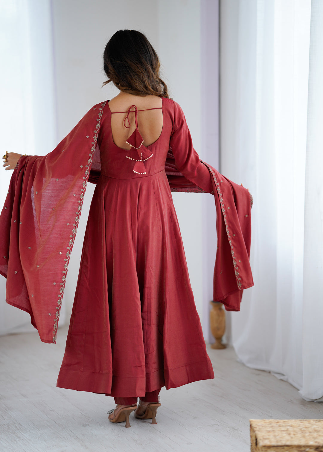 PURE SOFT ORGANJA SILK FABRIC FULLY FLAIR KALI PATTERN AND CANVAS PATTA WITH DUPPTA SET, PENT READY TO WEAR