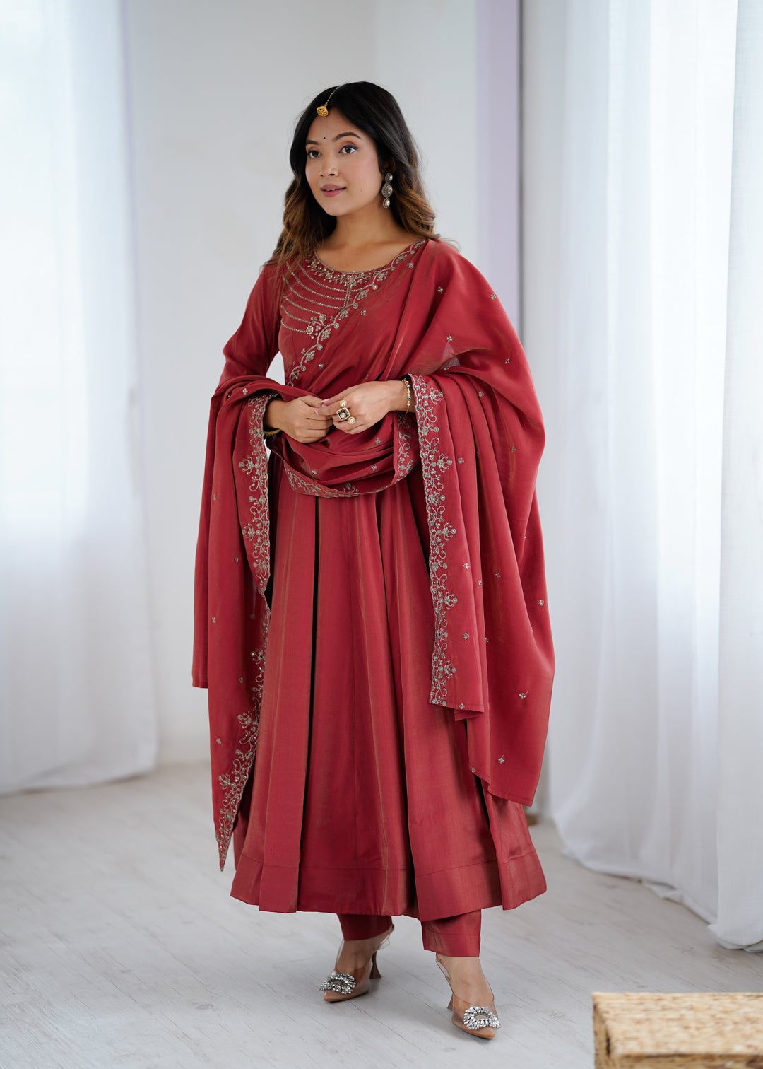 PURE SOFT ORGANJA SILK FABRIC FULLY FLAIR KALI PATTERN AND CANVAS PATTA WITH DUPPTA SET, PENT READY TO WEAR