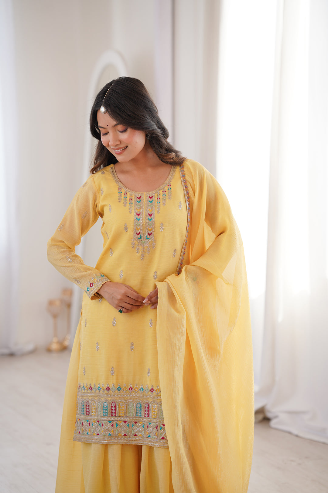 PURE SOFT CRUNCHY SILK FABRIC TOP, SHARARA WITH DUPATTA SET READY TO WEAR
