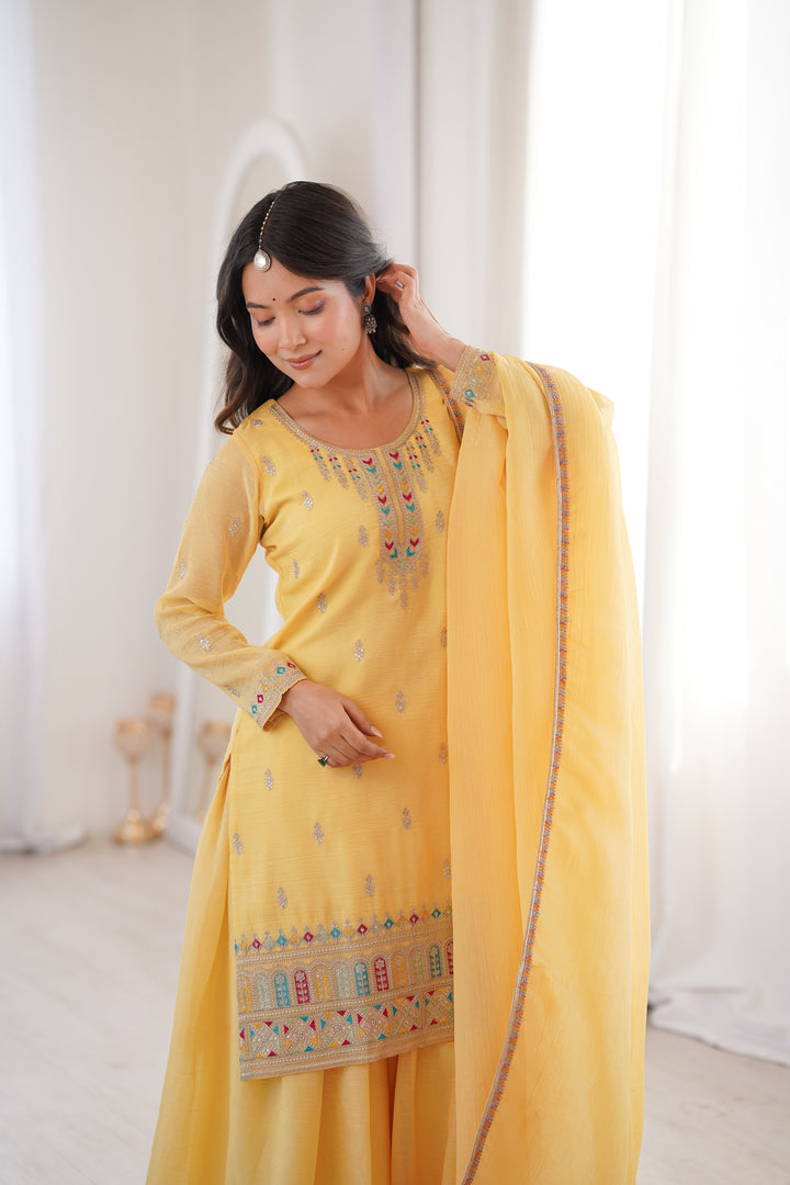 PURE SOFT CRUNCHY SILK FABRIC TOP, SHARARA WITH DUPATTA SET READY TO WEAR