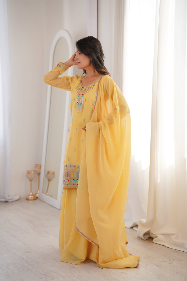 PURE SOFT CRUNCHY SILK FABRIC TOP, SHARARA WITH DUPATTA SET READY TO WEAR