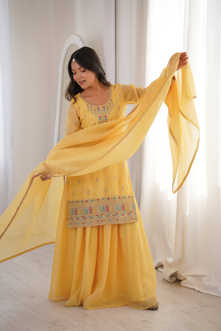 PURE SOFT CRUNCHY SILK FABRIC TOP, SHARARA WITH DUPATTA SET READY TO WEAR