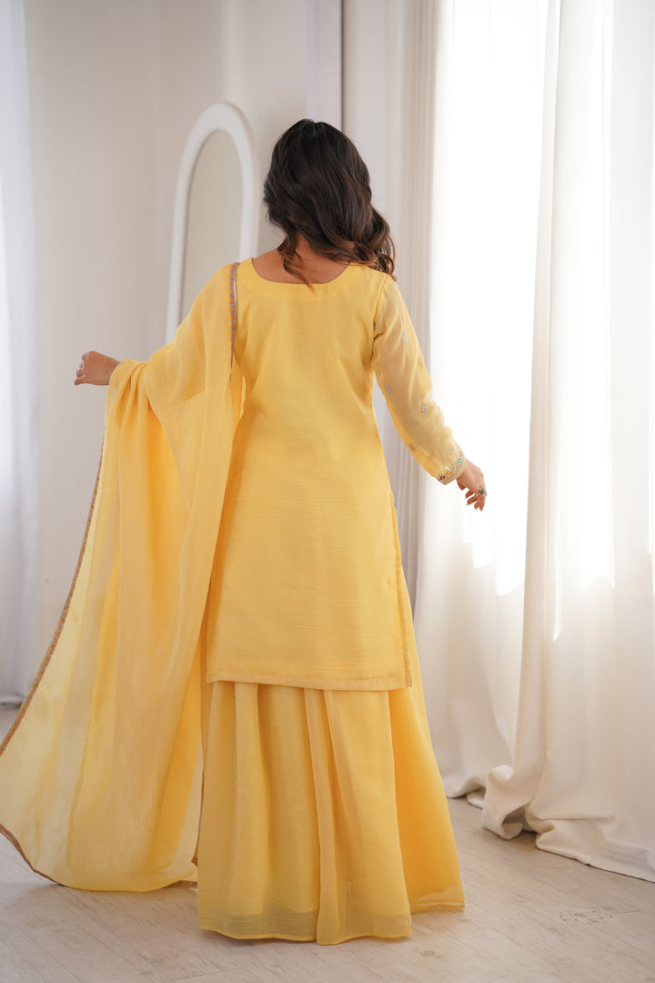 PURE SOFT CRUNCHY SILK FABRIC TOP, SHARARA WITH DUPATTA SET READY TO WEAR