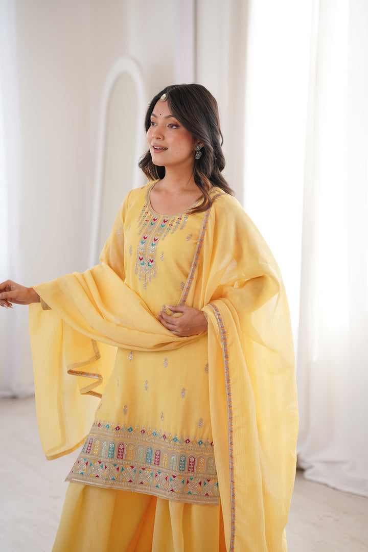 PURE SOFT CRUNCHY SILK FABRIC TOP, SHARARA WITH DUPATTA SET READY TO WEAR