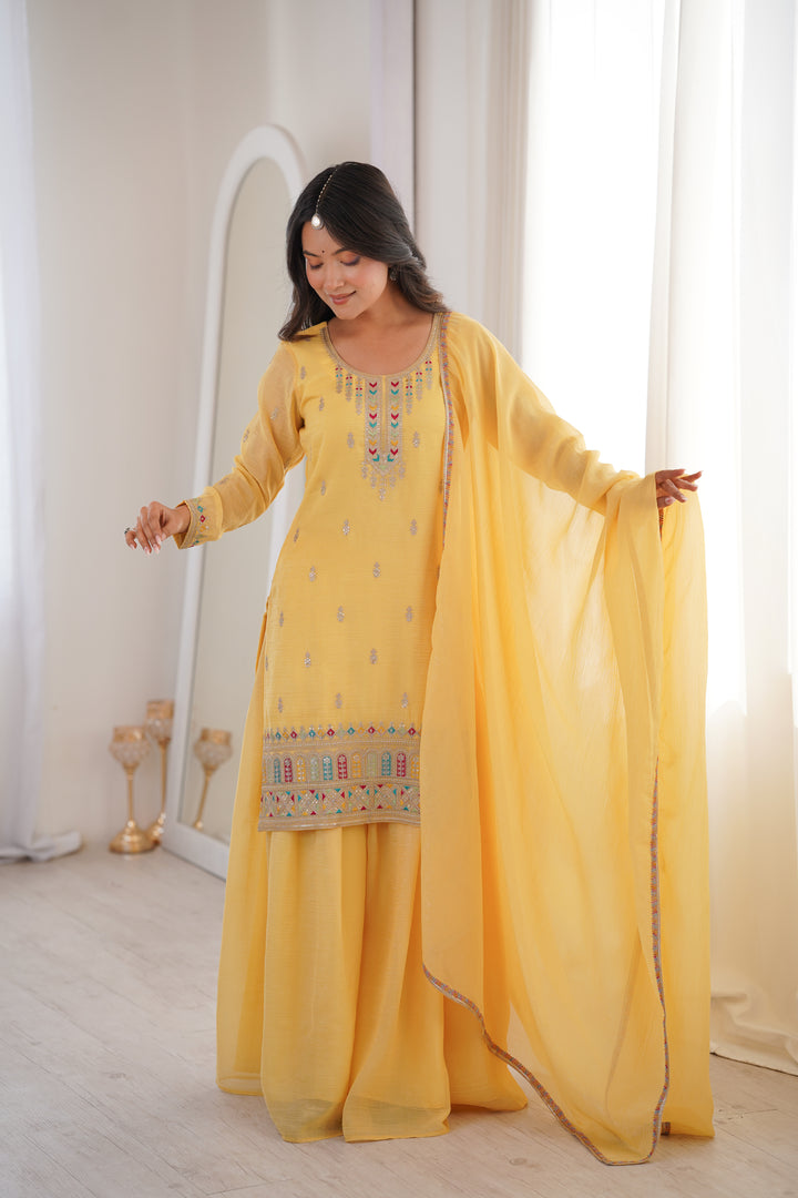 PURE SOFT CRUNCHY SILK FABRIC TOP, SHARARA WITH DUPATTA SET READY TO WEAR