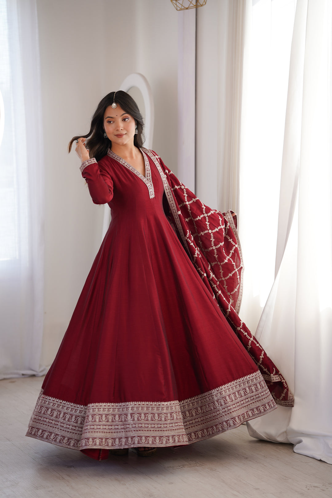 PRESENTING NEW HIGH END PREMIUM QUALITY PURE BLOOMING VICHITRA SILK FABRIC FULLY FLARE GOWN, WITH DUPATTA SET