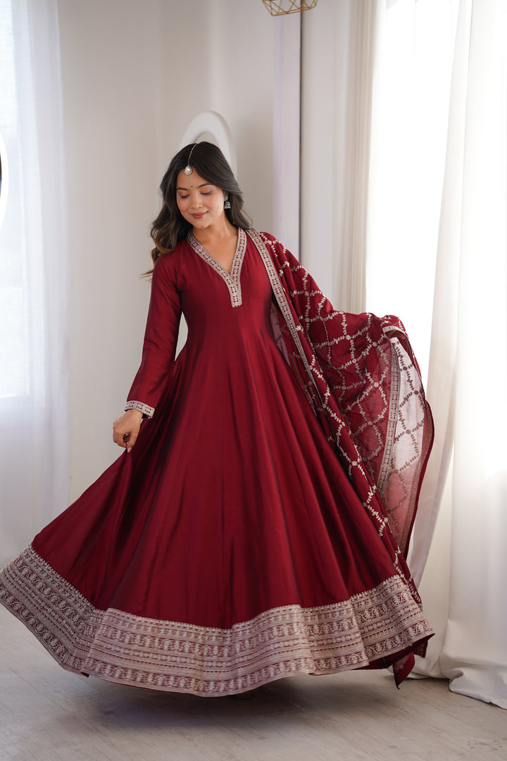 PRESENTING NEW HIGH END PREMIUM QUALITY PURE BLOOMING VICHITRA SILK FABRIC FULLY FLARE GOWN, WITH DUPATTA SET