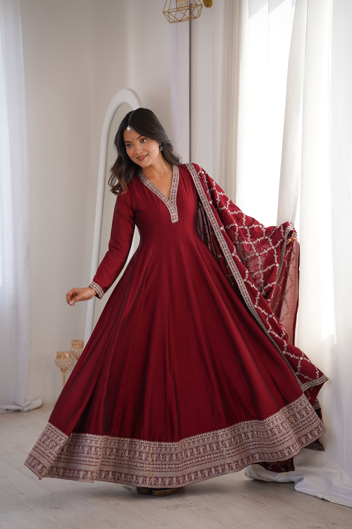 PRESENTING NEW HIGH END PREMIUM QUALITY PURE BLOOMING VICHITRA SILK FABRIC FULLY FLARE GOWN, WITH DUPATTA SET