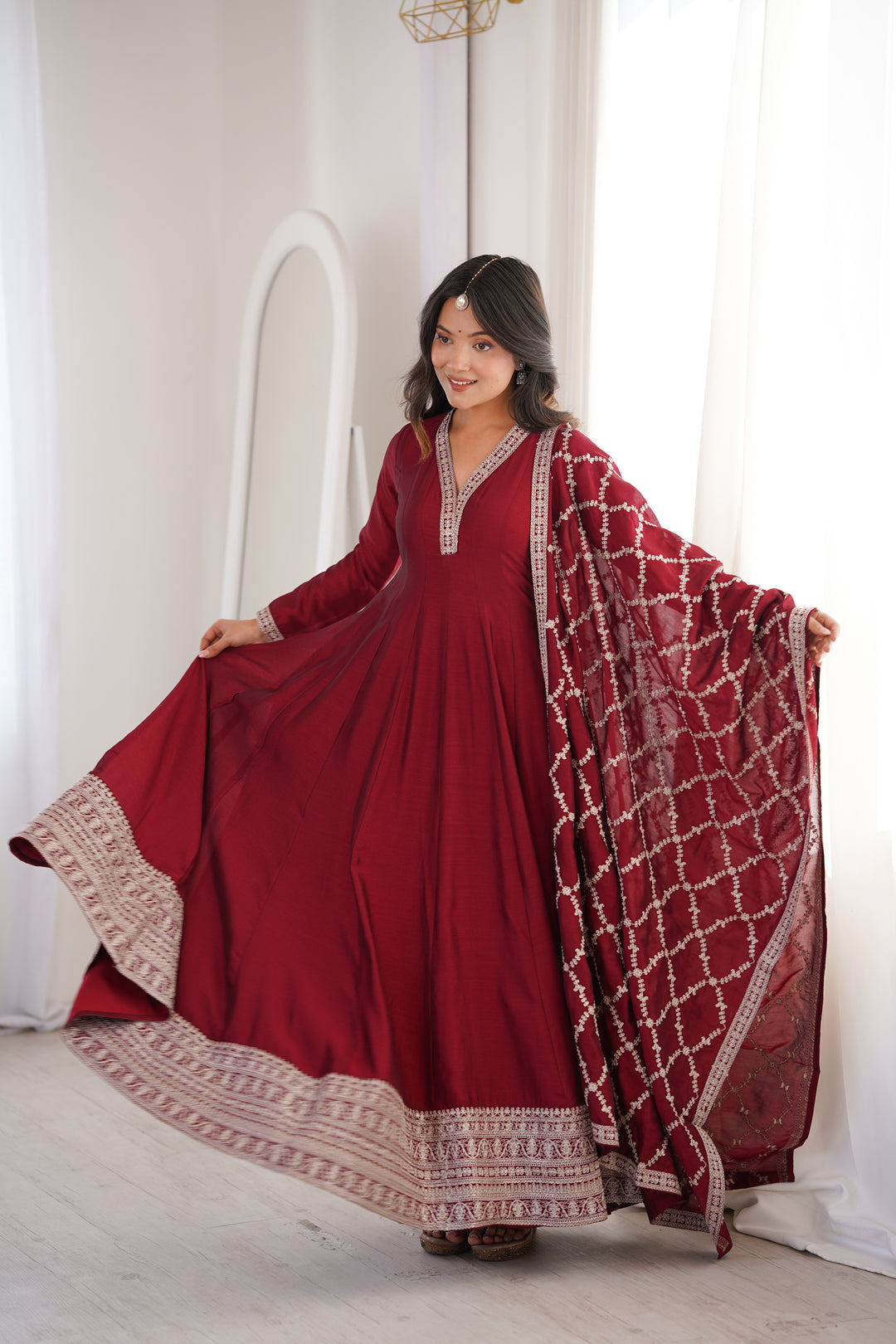PRESENTING NEW HIGH END PREMIUM QUALITY PURE BLOOMING VICHITRA SILK FABRIC FULLY FLARE GOWN, WITH DUPATTA SET
