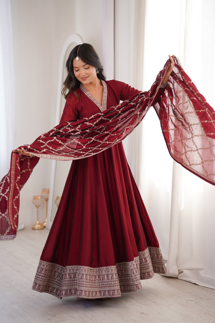 PRESENTING NEW HIGH END PREMIUM QUALITY PURE BLOOMING VICHITRA SILK FABRIC FULLY FLARE GOWN, WITH DUPATTA SET