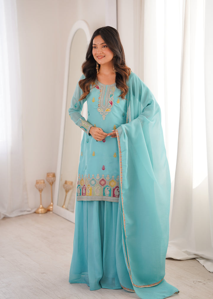 PURE SOFT CRUNCHY SILK FABRIC TOP, SHARARA WITH DUPATTA SET READY TO WEAR
