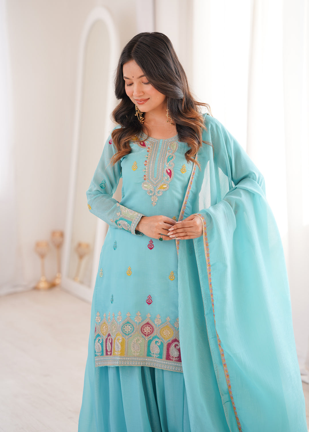 PURE SOFT CRUNCHY SILK FABRIC TOP, SHARARA WITH DUPATTA SET READY TO WEAR